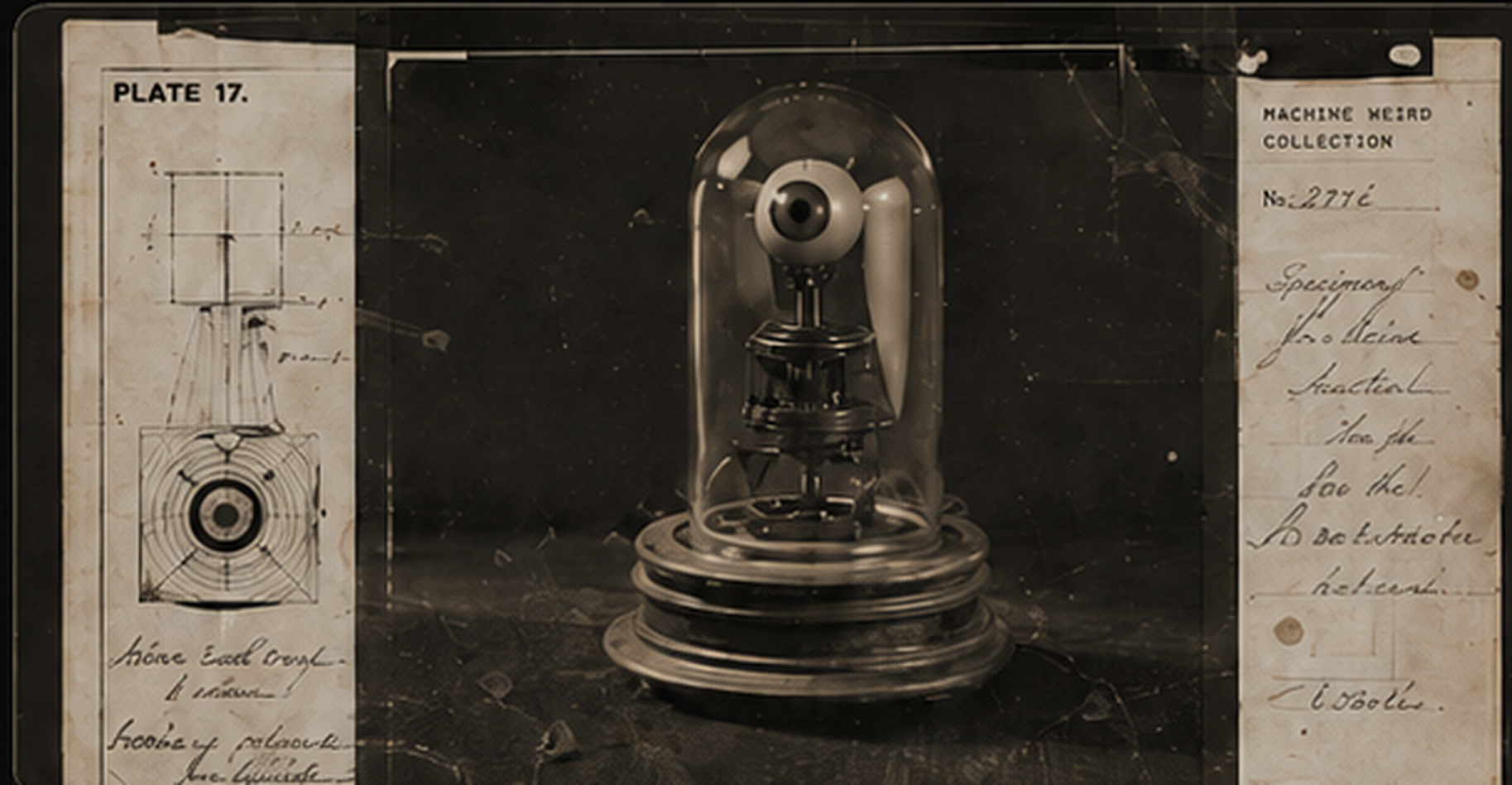 An archival specimen plate showing a mechanical eye apparatus under a glass bell jar, flanked by technical notes.